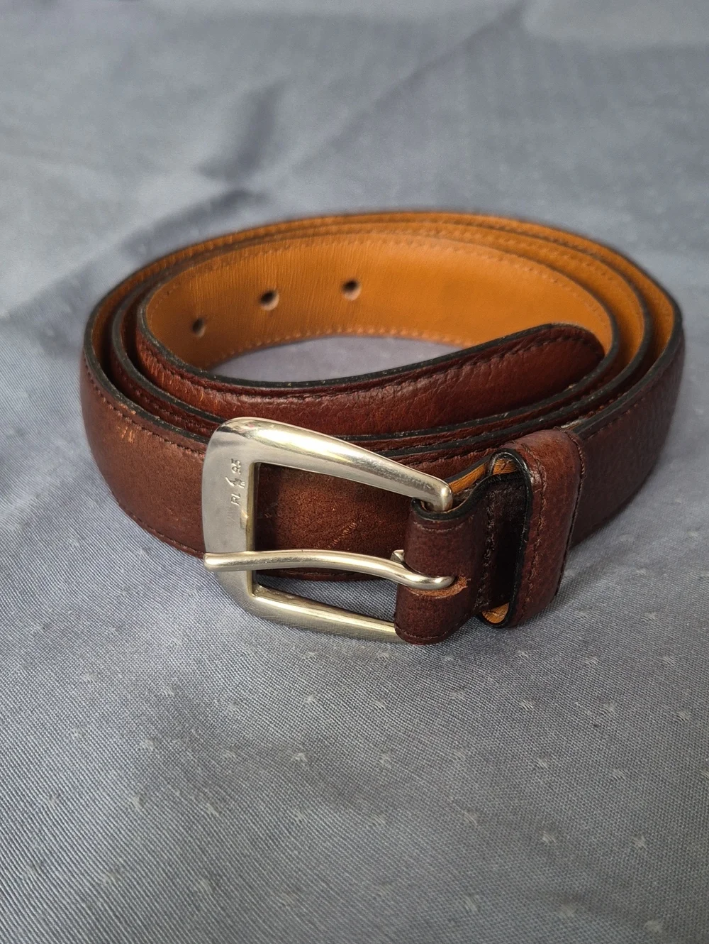 Polo by Ralph Lauren Brown Pebbled Leather Belt Engraved Logo Silver Buckle